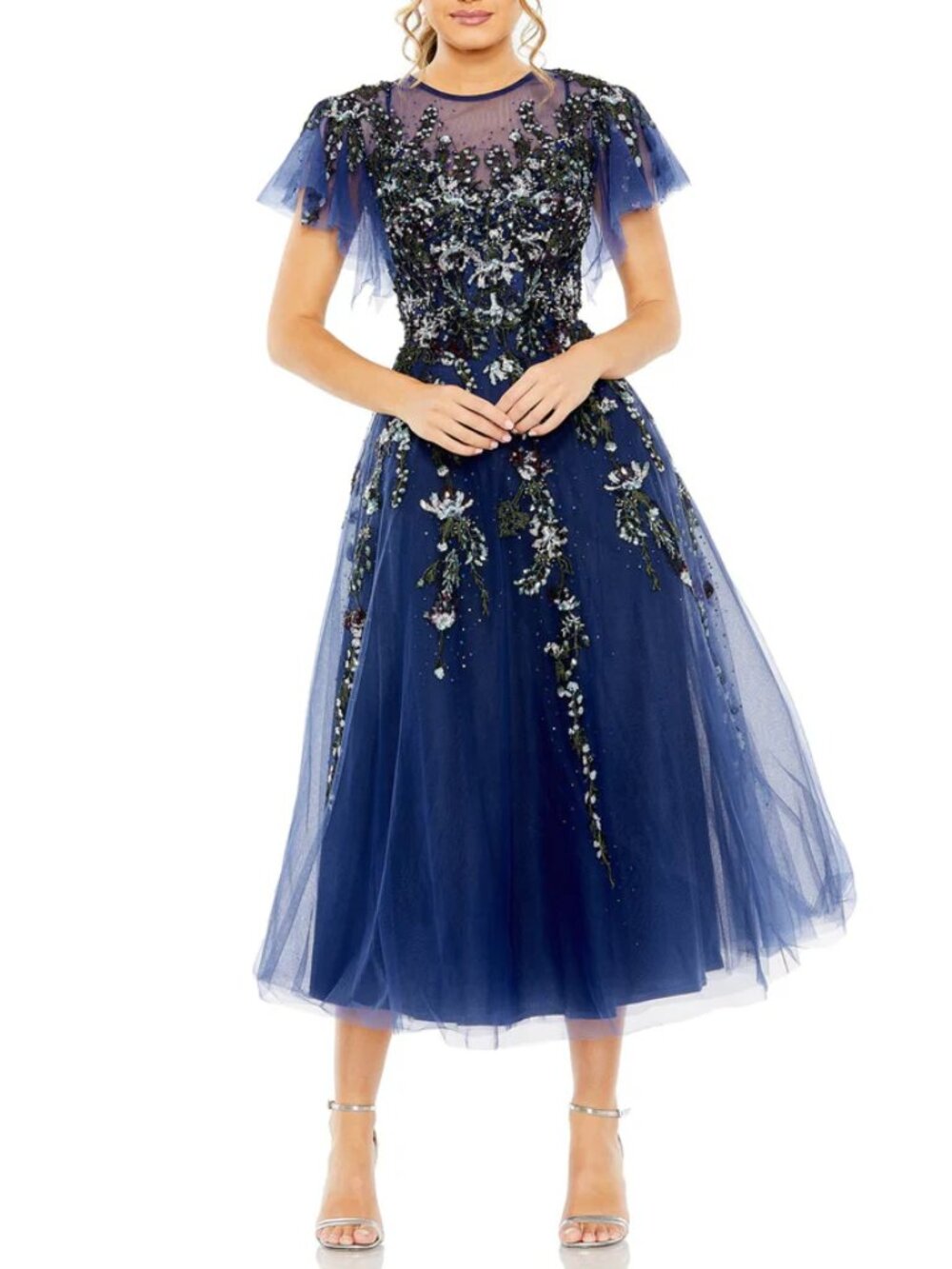 Mac Duggal Blue Sequin Midi Dress Illusion Flutter Sleeve Tulle 20510 Size 6